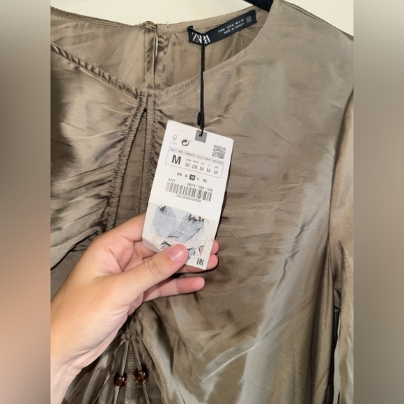 Zara Pleated Beaded Cut Out Satin Dress in Khaki/Sage Green NWT Size Medium - Picture 9 of 12